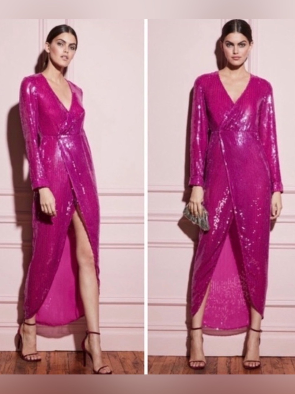 💛 Fleur Du Mal Designer Prom Pink Sequin Wrap Gown With Slit And Long Sleeves